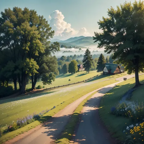 A quiet country road illuminated by early morning sunlight, Green leaves gently swaying in the breeze. Fields are full of green wheat，lively, Vibrant vibes. A block of ice floats in the distance , Little birds singing happily on the branches, Welcome to th...