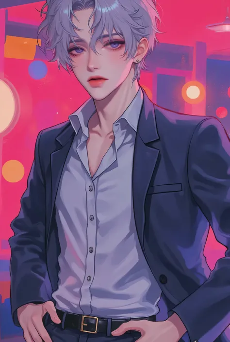 2D、anime、Kpop holiday 、Take a selfie、オシャレでクールなMen&#39;s少年のモデル、A beautiful, young, beautiful、, including emotional expressions such as dizziness、bisexual 、cool、white hair color、Short Hair、 arranged hair 、Handsome Hair、Xiaoyan、white skin、 neutral face 、Men&#...