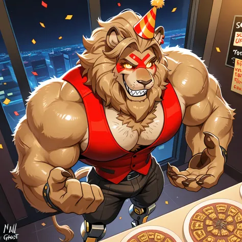 score_9, score_8_up, score_7_up, score_6_up, dynamic pose,masterpiece,anthro,solo, (Cornelius, Male, furry, Lion anthro, Medium muscular lion, no mane, brown, light brown lion, feline, long brown pony tail hair, lion ears, wearing tiny gold round glasses, ...