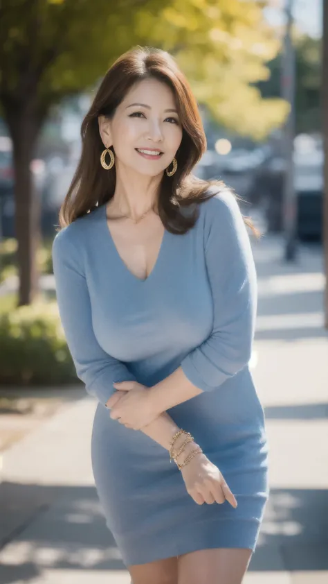 Mature attractive woman,50 years old, standing ,Big Breasts,smile,(Facial wrinkles:1.1),Light makeup,Light brown hair,Long Hair,Earrings,a bracelet,8k, RAW Photos, highest quality,masterpiece,highest quality,(standing,from head to knees),bokeh,Sunlight,