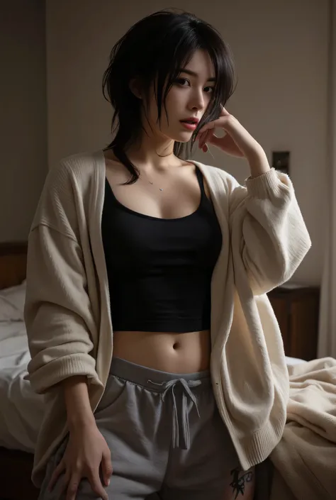 black hair woman, with wolf cut, wear a tanktop and cardigan, sweat pants, in her room, with tattoo on her tights