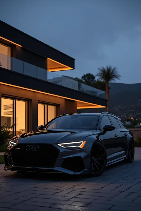Generate for me an image of a black Audi RS6 at night was due to a beautiful villa in Los Angeles at night