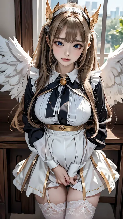 Quality over 8K, a female angel,Sexy,Long Blonde Hair,Anime,Goddess,Symmetrical blue eyes,Ultra detailed eyes,Transparent lingerie,forest,Sword,golden wings,Full body,hyperdetailed lips, hyperdetailed face, Double eyelids, Ultra Detailed feet,で,Beautiful l...