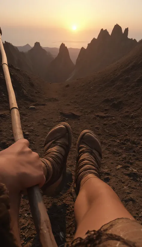 First-person view (POV) of the legs of a prehistoric warrior walking along a spiky mountaintop at sunset, holding a spear. Dressed in a rustic style with furs and ropes, the woman is centered in the image. The woman's legs, hands, and feet are visible from...