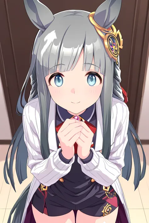 chrono genesis\(umamusume\),（（（masterpiece））），（（（detailed）））（（best quality）），（（hyper detailed）），（beautiful），（（shinythighs）），（（（shiny skin））），（high quality skin），（（8k）），（（high resolution））,light smile and light blush,closed mouth,white color ribbed cardigan...