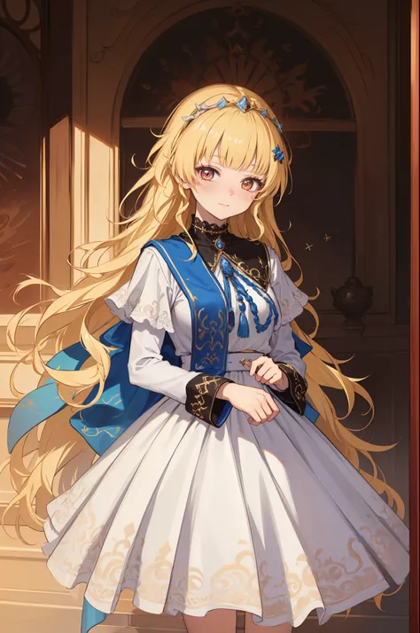age Girl， charming，gorgeous，In Love ，sacred，( Yellow and White Princess Skirt :1.3)，blond，klee， red eyes， Minimalism ， Multi-layer exquisite ruffles ，Lots of Lace，( Lines on clothes :1.2)，( Exquisite clothing :1.1)，(Multi-layer Skirt ),Princess Crown， Pers...