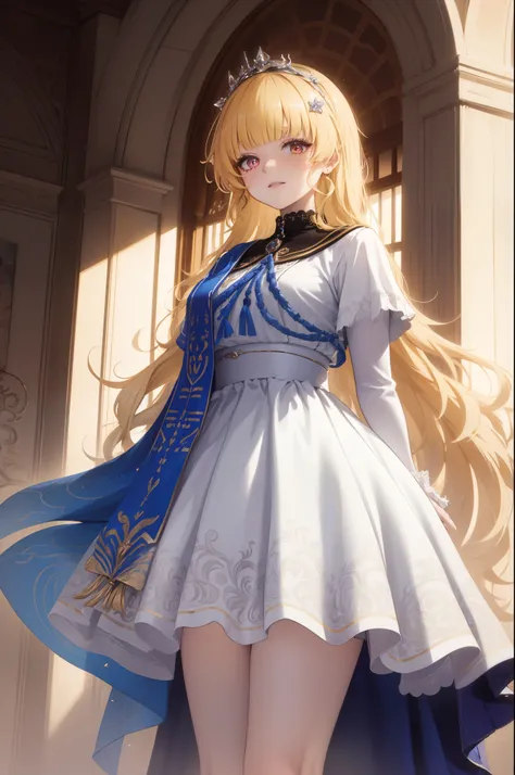 age Girl， charming，gorgeous，In Love ，sacred，( Yellow and White Princess Skirt :1.3)，blond，klee， red eyes， Minimalism ， Multi-layer exquisite ruffles ，Lots of Lace，( Lines on clothes :1.2)，( Exquisite clothing :1.1)，(Multi-layer Skirt ),Princess Crown， Pers...