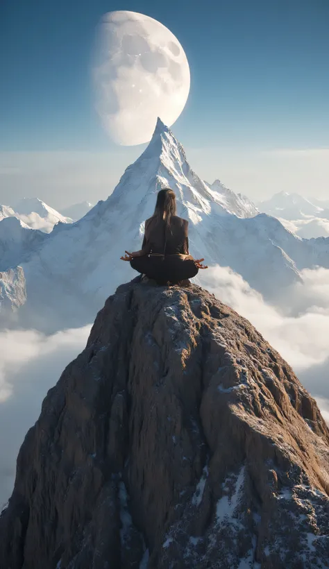 Ultra realistic photography of a ((Nordic woman)), robust, mature, prehistoric warrior, ancestral, indomitable, muscular dressed in a rustic style, the warrior meditates on the summit of a pointed mountain, her fingers, hands and feet well defined, Backgro...