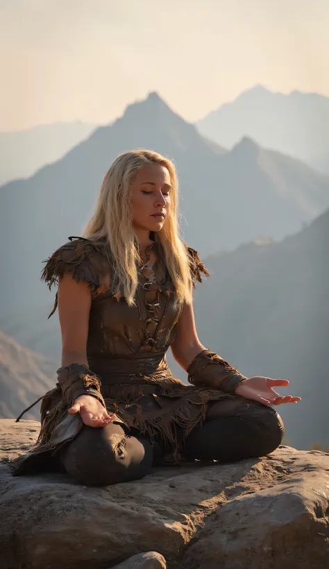 Ultra realistic photography of a ((Nordic woman)), robust, mature, prehistoric, ancient, indomitable, muscular warrior dressed in a rustic style, the warrior meditates on the summit of a pointed mountain, ((her fingers, her hands and feet well defined)), B...