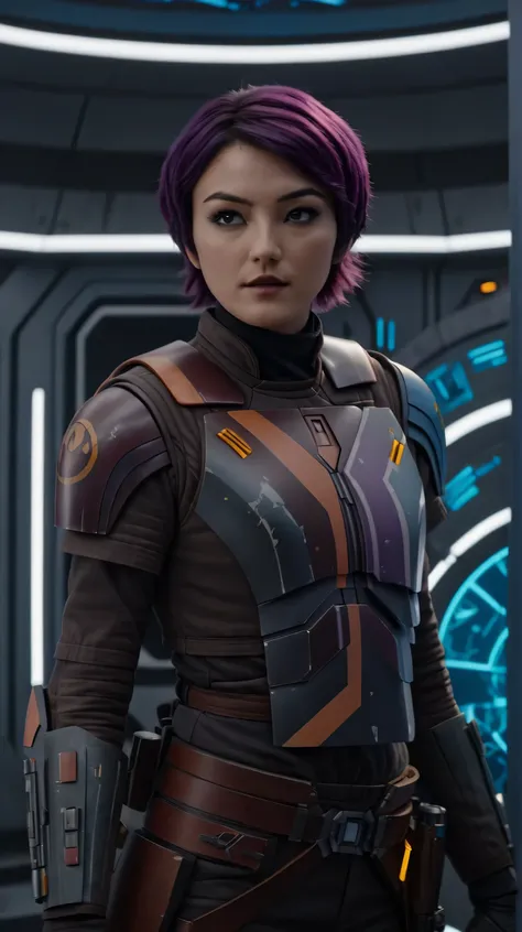 Cinematic portrait of Sabine Wren standing in a high-tech observatory, wearing her iconic Mandalorian armor with vibrant graffiti-style detailing and battle damage. The lighting is moody and atmospheric, with glowing holograms and starscapes reflecting on ...