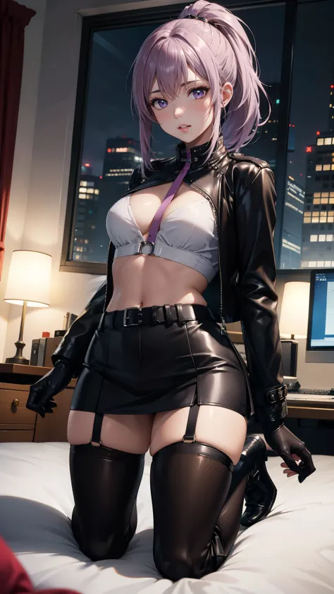 (masterpiece, better quality, detailed), a chic, Alone, sexy pose, ((kneeling in bed)), ojos detaileds, purple eyes shirt, Lavender hair short ponytail, Love, medium breasts, sensual lips, ((harness on the torso)), ((black leather jacket)), (black gloves, ...