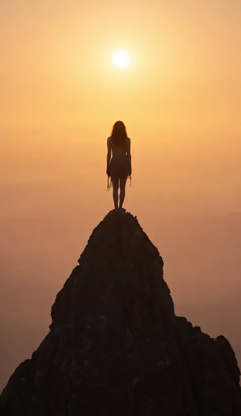 ((front view)) of a prehistoric warrior woman standing on top of a sharp mountain looking at the sunset, the mountain range on all sides, she dressed rustically with clothes made of skins and ropes, Background: Sunset background, Activity: standing, Pictur...