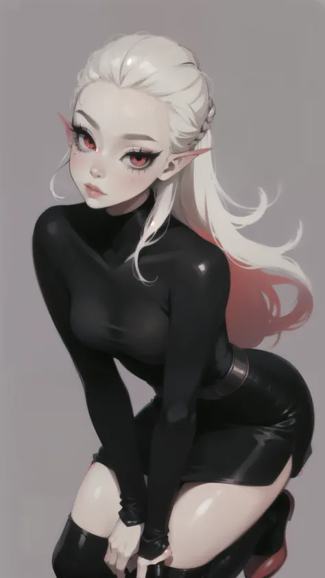 1girl, long hair, hair slicked back, above the knee, detailed face, simple background, (black sclera:1.3), red eyes,