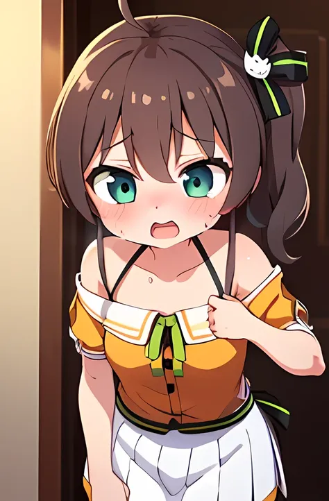 1girl ,Natsuiro matsuri ,side ponytail,open mouth,((in heat )),going home ,sweat ,((heavy breathing )),(sexual in heat ,),in the house ,entrance ,cowboy shot,(face focus ),