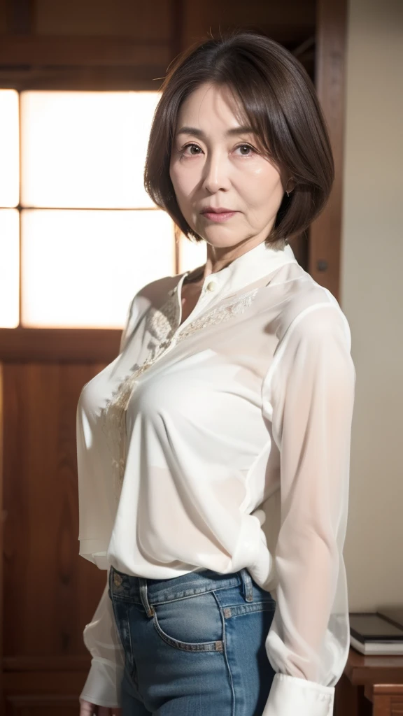 HD,  HD,   Attention to Details , masterpiece,   anatomically accurate ,   sharp, ((Japanese,mature woman)),(80 years old:1.5),(old woman:1.5),(( Small saggy breasts)),(Aged and saggy body :1.3),(bob cut),(Petite Mature),Long light brown hair ,bungs,(stand...