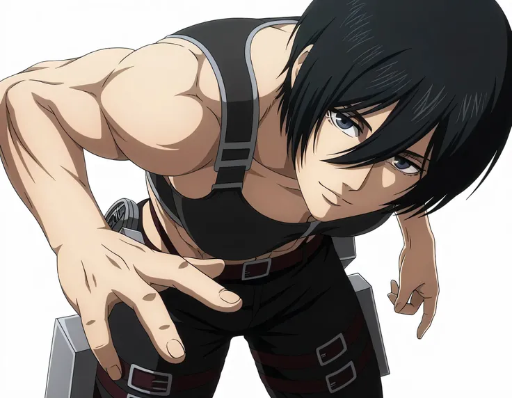 anime coloring, anime screencap, mikasa ackerman, 1girl, solo, short hair, black hair, towards viewer, badass, closed mouth, black sport bra, , belt, black pants, standing, cowboy shot, reaching towards viewer,, white background, simple background, masterp...