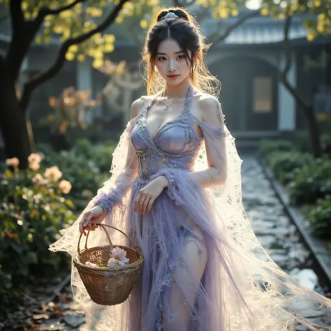 Clothing Description ：
silk chain with a number of crystals and frills hanging at the waist，Her hand held a bamboo basket，Gently lubricated，Like a cocoon fluttering in the wind，touched a flower branch with the other hand。Material like moonlight mist，The c...