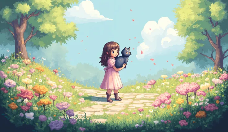 a girl in a field of flowers with a black cat in her shoulder, 3D pixel art 4K wallpaper. Incredible pixel art detail. Pixel art. Steam waves. Detailed Unreal Engine pixel art