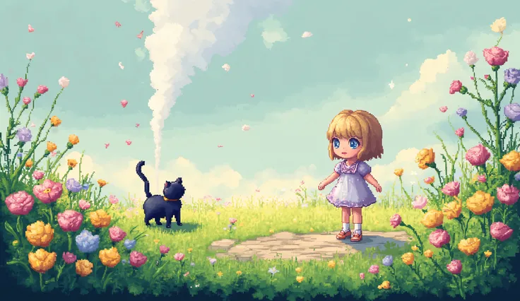 a girl in a field of flowers with a black cat in her shoulder, 3D pixel art 4K wallpaper. Incredible pixel art detail. Pixel art. Steam waves. Detailed Unreal Engine pixel art