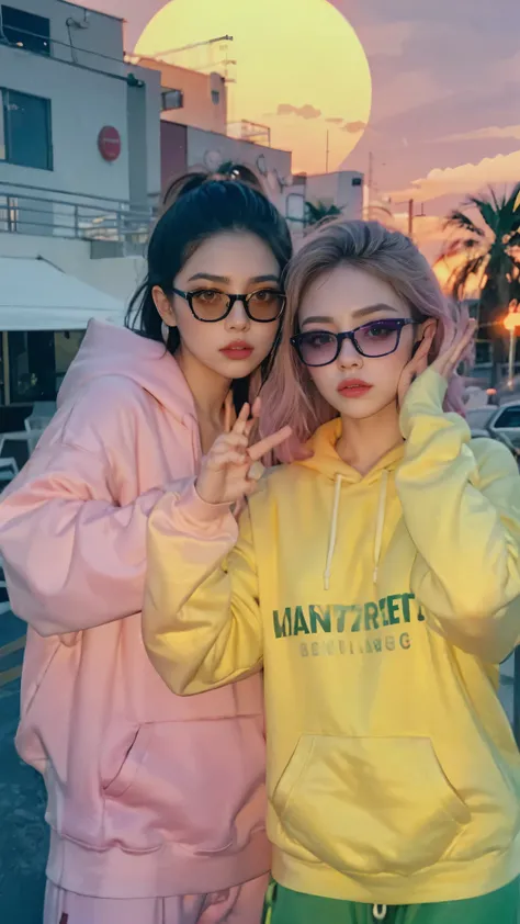 8k, 2 girls, beautiful, messy hair, (orange is too big hoodie), is too big_shirt, sweatpants, close-up, watch viewers, (((80's architecture colorful motel))), Palm Tree, (vivid sunset gradient sky with shades of orange, pink, and purple:1.4), dramatic gold...