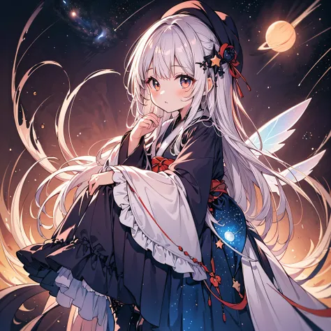 character design sheet、facing the viewer、girl, cute, masterpiece, many decorations, high quality, very detailed, 8k, background design, long hair, straight hair, bangs, gothic, frills, lace, traditional patterns, star fairy, small wings, milky white and bl...
