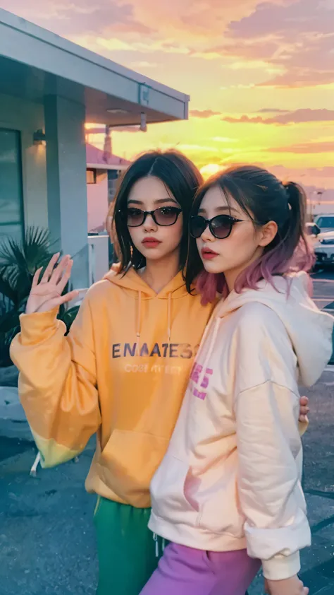 8k, 2 girls, beautiful, messy hair, (orange is too big hoodie), is too big_shirt, sweatpants, close-up, watch viewers, (((80's architecture colorful motel))), Palm Tree, (vivid sunset gradient sky with shades of orange, pink, and purple:1.4), dramatic gold...