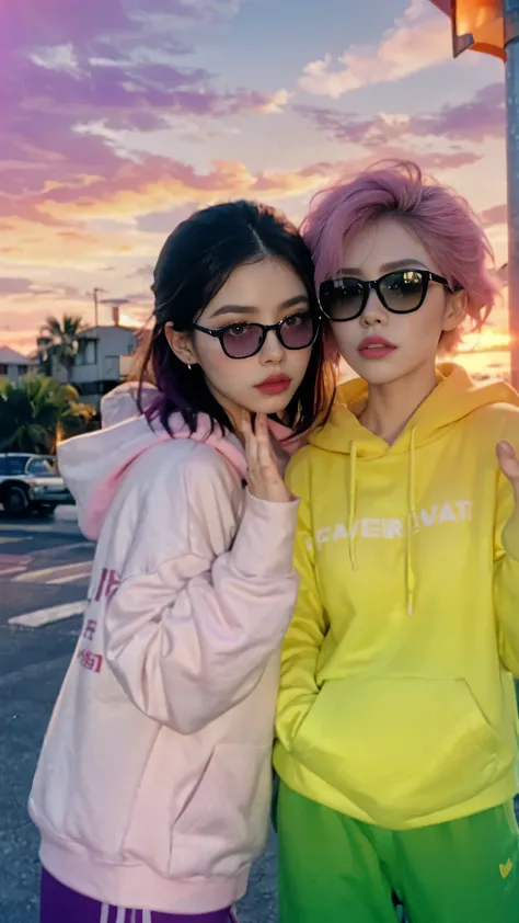 8k, 2 girls, beautiful, messy hair, (orange is too big hoodie), is too big_shirt, sweatpants, close-up, watch viewers, (((80's architecture colorful motel))), Palm Tree, (vivid sunset gradient sky with shades of orange, pink, and purple:1.4), dramatic gold...