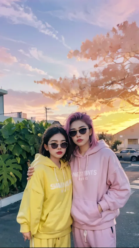 8k, 2 girls, beautiful, messy hair, (orange is too big hoodie), is too big_shirt, sweatpants, close-up, watch viewers, (((80's architecture colorful motel))), Palm Tree, (vivid sunset gradient sky with shades of orange, pink, and purple:1.4), dramatic gold...