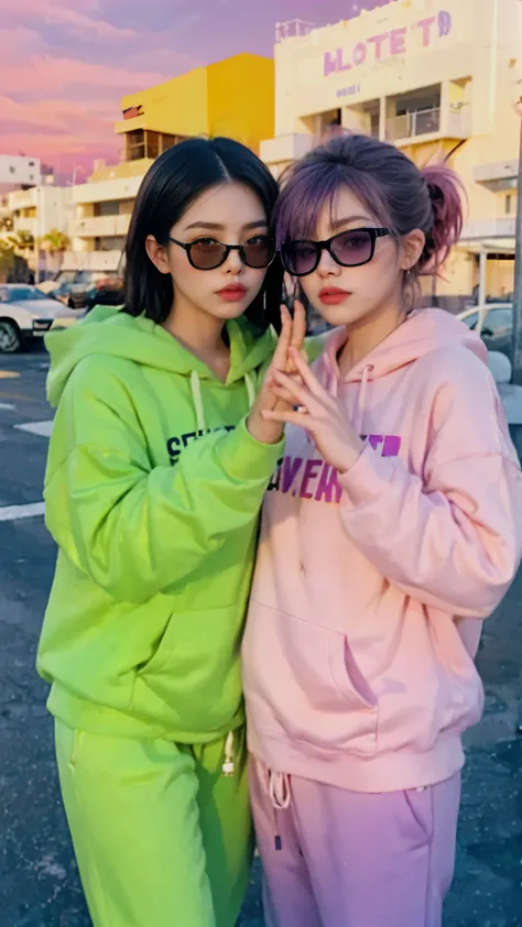 8k, 2 girls, beautiful, messy hair, (orange is too big hoodie), is too big_shirt, sweatpants, close-up, watch viewers, (((80's architecture colorful motel))), Palm Tree, (vivid sunset gradient sky with shades of orange, pink, and purple:1.4), dramatic gold...