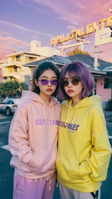 8k, 2 girls, beautiful, messy hair, (orange is too big hoodie), is too big_shirt, sweatpants, close-up, watch viewers, (((80's architecture colorful motel))), Palm Tree, (vivid sunset gradient sky with shades of orange, pink, and purple:1.4), dramatic gold...