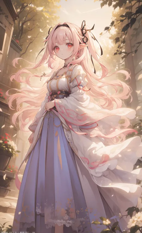 (    masterpiece、Top Quality、illustration、    very high quality    、HD、   extremely sensitive writing   ) Ahog,Very Long Hair,pink hair,two side up,gradient hair color,colorful hair,Flowing Hair,Hairband, black ribbon,Hair accessories,two side up,Pointed e...