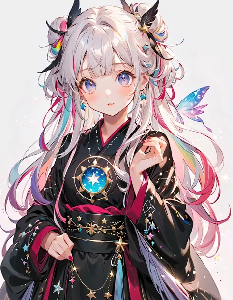  best detail、  1 girl，，Blink， （   hair color is milky white and hair tips are blue ）、  cutest girl in the world   ，Wear a colorful and cute gothic kimono costume   ,  Star Fairy ,Wear a colorful and cute gothic kimono costume    with little fairy feathers ...