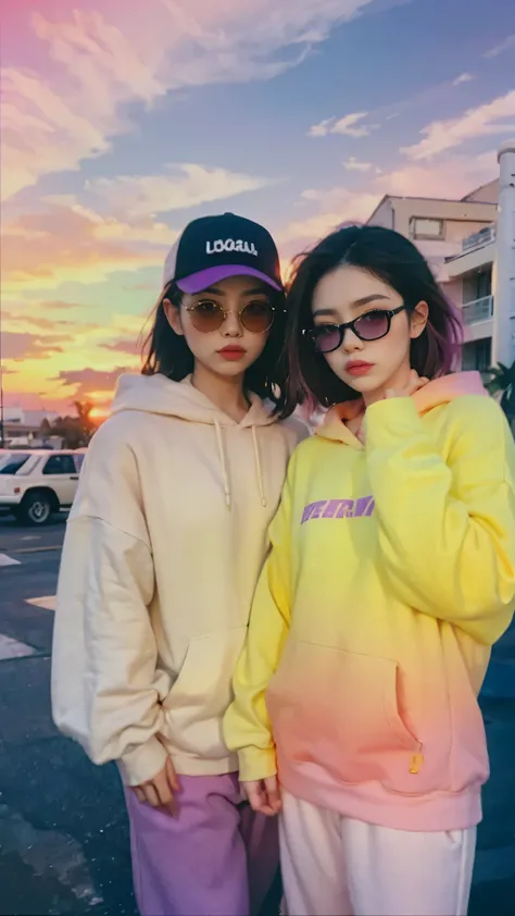 8k, 2 girls, beautiful, messy hair, (orange is too big hoodie), is too big_shirt, sweatpants, close-up, watch viewers, (((80's architecture colorful motel))), Palm Tree, (vivid sunset gradient sky with shades of orange, pink, and purple:1.4), dramatic gold...