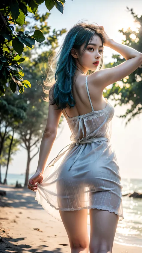 see-through silhouette:1, ((ultra-extreme low-angle shot from ground level emphasizing the silhouette between the legs, viewed from behind)),
1girl, solo, beautiful face, ((dark sapphire)), ((long straight hair swept to the side)), ((light blue hair:1.3)),...