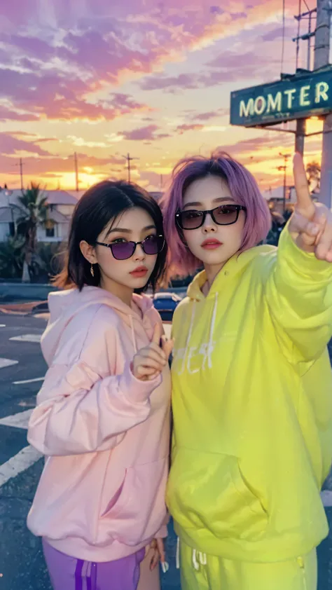 8k, 2 girls, beautiful, messy hair, (orange is too big hoodie), is too big_shirt, sweatpants, close-up, watch viewers, (((80's architecture colorful motel))), Palm Tree, (vivid sunset gradient sky with shades of orange, pink, and purple:1.4), dramatic gold...