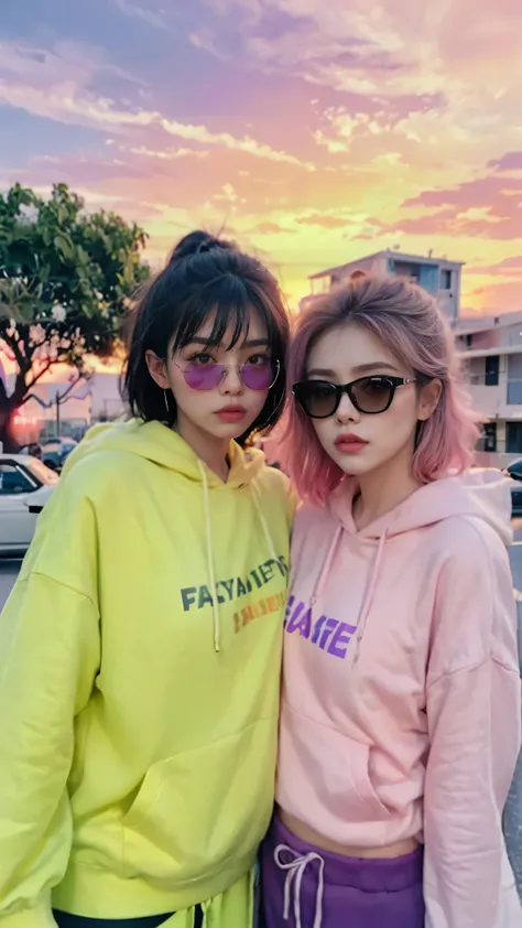 8k, 2 girls, beautiful, messy hair, (orange is too big hoodie), is too big_shirt, sweatpants, close-up, watch viewers, (((80's architecture colorful motel))), Palm Tree, (vivid sunset gradient sky with shades of orange, pink, and purple:1.4), dramatic gold...