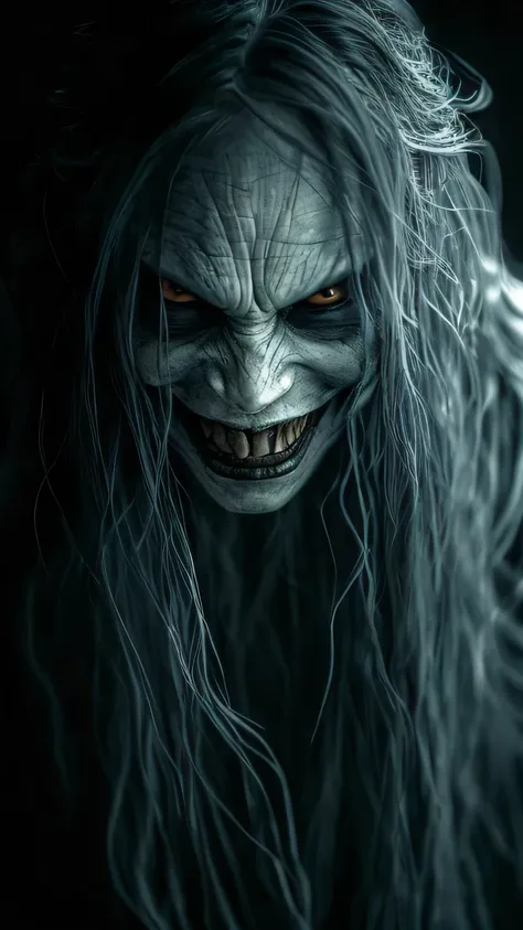 (best quality, masterpiece:1.2), On a black background, a very scary and grotesque-looking woman has a ghostly face with long flowing hair, smiling evilly and scaring people. ,ultra-realistic, cinematic, high detail
