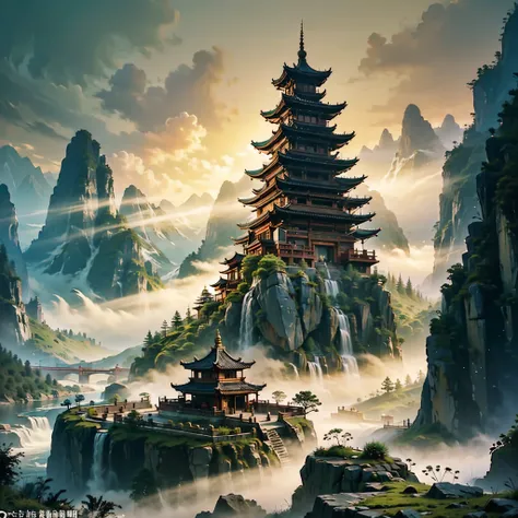 traditional_chinese_grottoes,misty_dawn,emerald_mountains,ancient_buddhist_temple,copper_wind_chimes,tang_dynasty_architecture,morning_dew,carved_stone_facade,sichuan_landscape,flowing_rivers,foggy_valley,historical_site,damp_moss_covered_stones,early_morn...