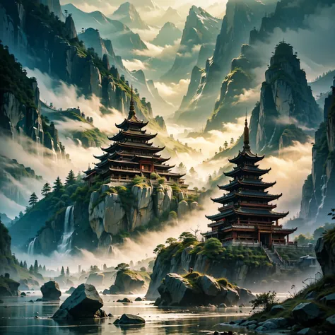 traditional_chinese_grottoes,misty_dawn,emerald_mountains,ancient_buddhist_temple,copper_wind_chimes,tang_dynasty_architecture,morning_dew,carved_stone_facade,sichuan_landscape,flowing_rivers,foggy_valley,historical_site,damp_moss_covered_stones,early_morn...