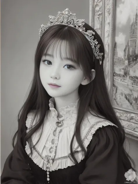 top quality、highest resolution、masterpiece、very detailed、(Old Photos、monochrome、collage art、 Picture Frame、Crop、Exquisite photography)、Princess、middle ages、glossy brown hair 、circlet、cute、Crimson lips、Laughter 、little character、amazing beauty、cloak、delicat...