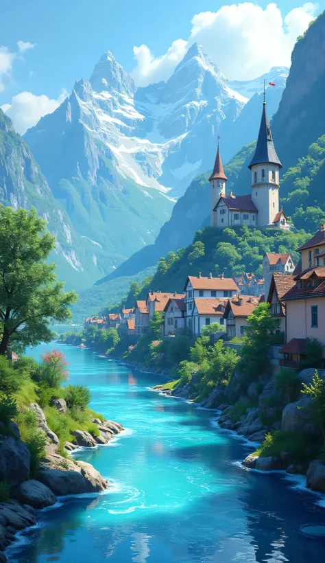 Summer Mountain Masterpieces 、 The bright colors 、 amazing dramatic expression of intense style 、 Small Village 、 Gothic castle 、 rivers and lakes in wet water 、 BREAK's masterpiece 、 Intricate details of the highest quality,In wet water 、 super cle...