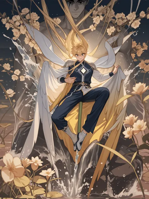 Full hd , blonde hair , 8k , clear face ,Double hair split in the middle , handsome , manhwa, water, 2 eyes are clearly not blurred, xinh trai , color tone , eyes are not distorted