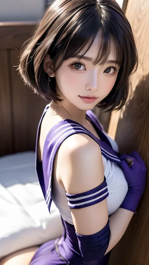 (((  top quality ))), ((  masterpiece)), (   details),(((on the bed:1.4))),  ((((((  HotaruTomoe, (sailor Saturn , purple hair, short hair, elbow gloves, neck ribbon, bangs, long hair, circlet))))))))))),  (((  Slender Body,  Big Breasts ,  Big Breasts,che...