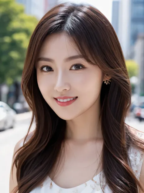 highest quality, waist shot, masterpiece, dark eyebrows, ultra high resolution, realistic, very detailed, professional lighting smile, eagle nose, medium wave hair, transparent silk dress, random body orientation, background for urban city street,