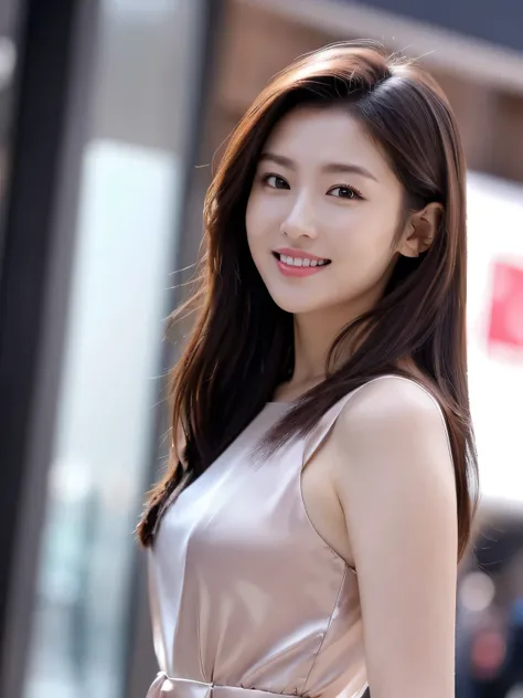 highest quality, waist shot, masterpiece, dark eyebrows, ultra high resolution, realistic, very detailed, professional lighting smile, eagle nose, semi-long hair, transparent silk dress, random body orientation, background for urban city street,