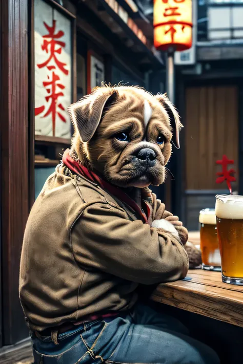 old bulldog、Japanese Izakaya、sitting at the counter、Drinking draft beer、The characters on the sign are in Japanese、Chinese character