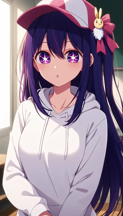 aihoshino, 
ai hoshino, hair between eyes, hair ornament, hair ribbon, long hair, one side up, (purple eyes:1.1), purple hair, rabbit hair ornament, (star-shaped pupils:1.5), symbol-shaped pupils,
BREAK baseball cap, hat, hood, hoodie, long sleeves, puffy ...