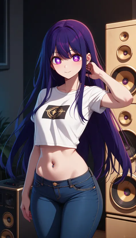 (Ai Hoshino, Very , wearing tight clothes, big, Thick legs, Wearing extremely tight jeans, wearing a mini shirt, navel, piercing, There leakage in the belly button, long hair,Purple hair, Speakers at the back, Purple eyes, Symbol-shaped pupils, Very realis...