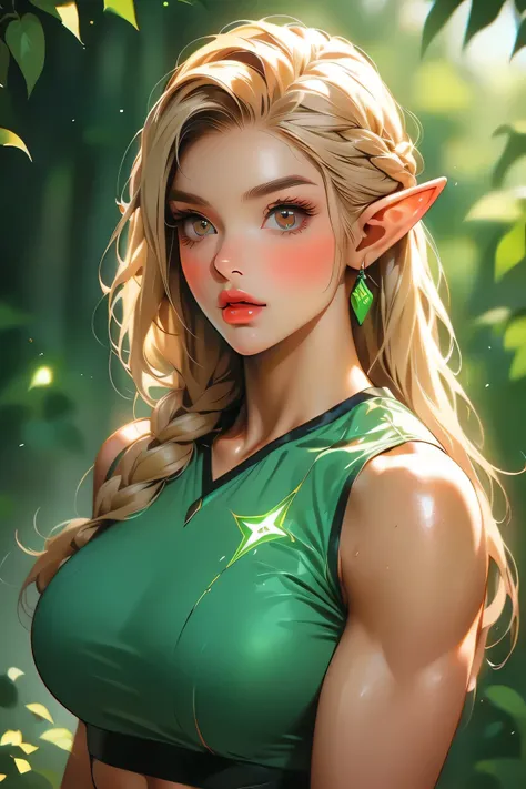 (Perfect face) (Long Hairstyle, Bright Blonde Hairstyle) (Black Thin Eyebrows, Glowing Brown Eyes, Nose, Bright Red Normal Lips) (Beautiful Female) (Female Elf, Green Uniform Top) (Female Muscles, Perfect Body, Beauty Female)