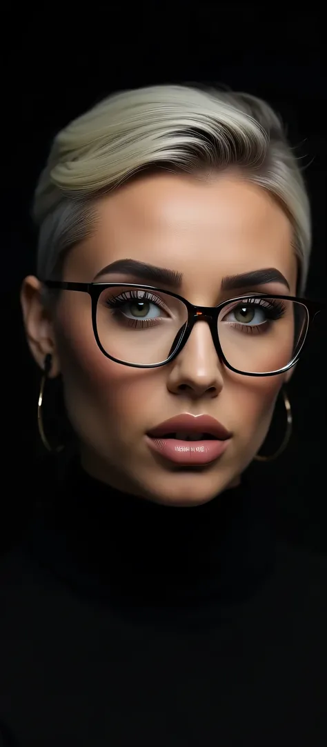 Adult girl, hair bleached, short hal hairstyle, thin metal-framed glasses, fascinating look into the camera, thick black background